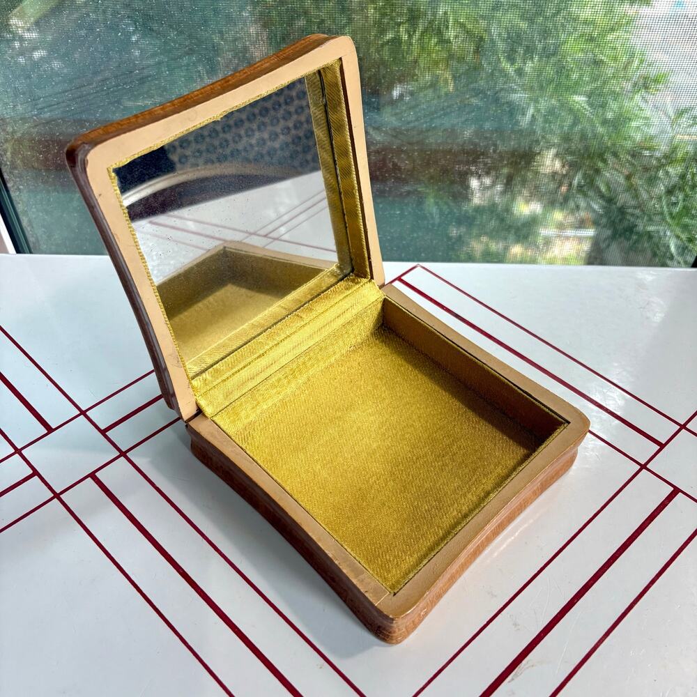Vintage Wooden Dresser Jewelry Box with Mirror Yellow Velvet Lining Trinket Box